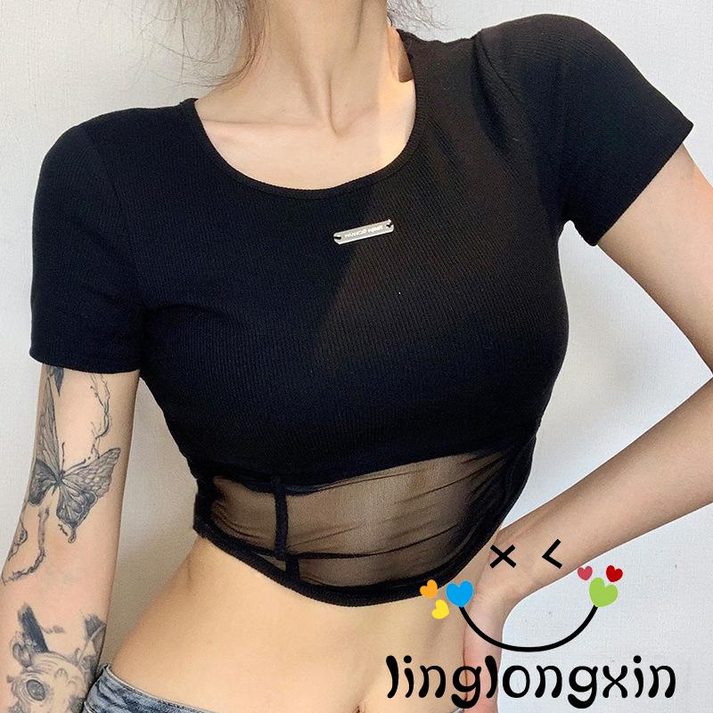 Áo Croptop Tay Ngắn Cổ Tròn Phối Lưới In Họa Tiết Nhãn Hiệu Linglongxi 2-Fit Cho Nữ