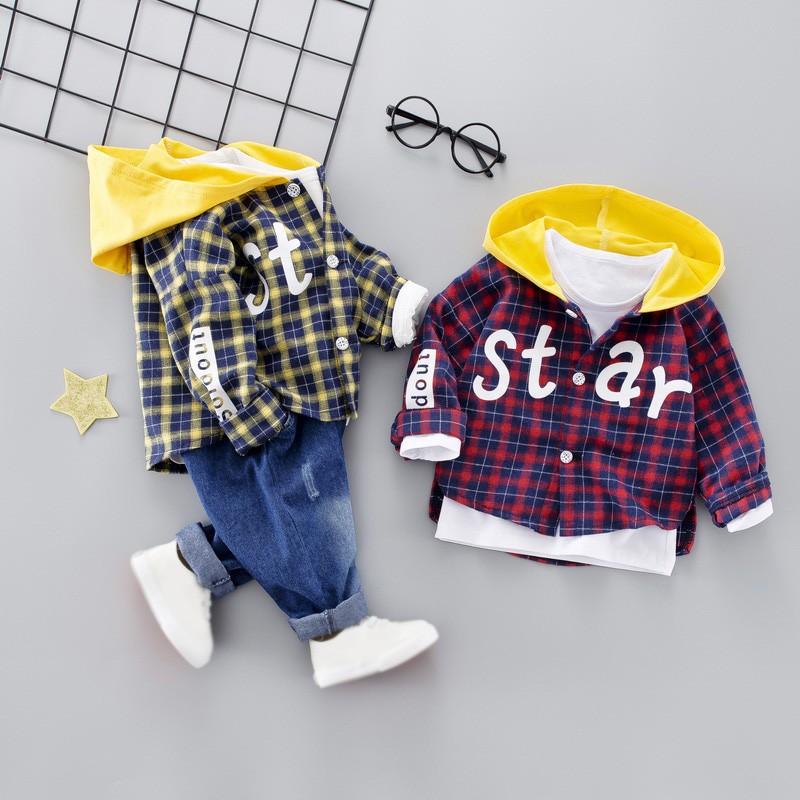 Set áo hoodie sọc caro kèm quần jeans thời trang cho bé trai