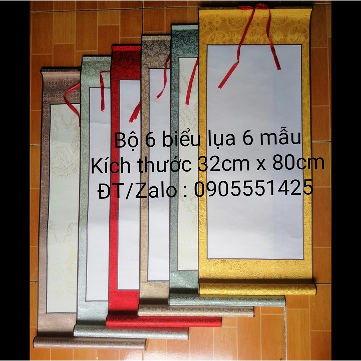 Bộ 6 biểu lụa  viết thư pháp 6 mẫu. Giấy viết thư pháp. Mành tre thư pháp.Biểu bồi lụa trang trí tết.Biểu lụa thư pháp