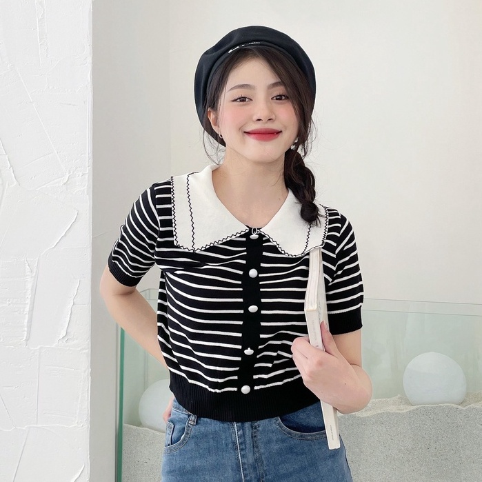 Áo len nữ sọc tay cọc FM Style cổ sen viền chỉ thời trang điệu đà phong cách Hàn Quốc 208260076