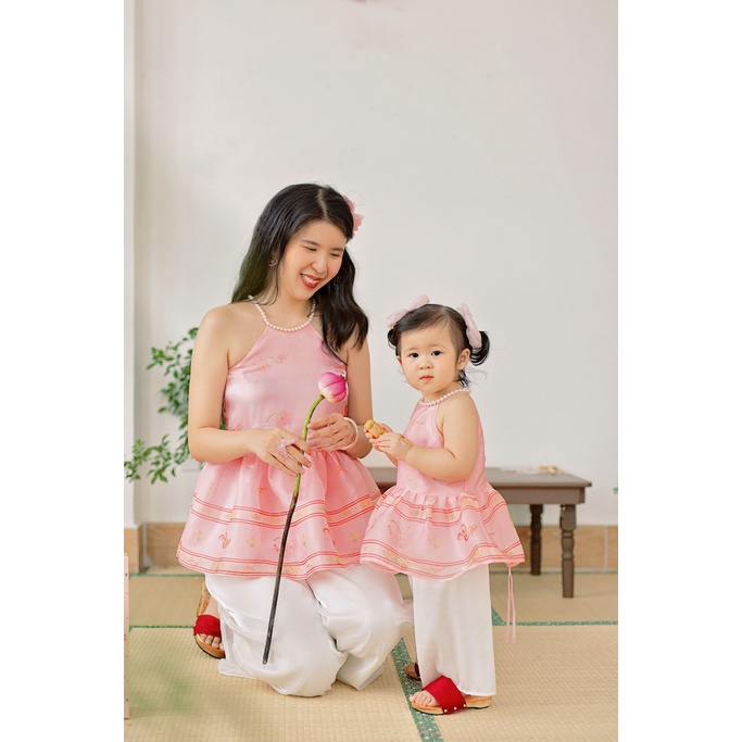 Sumire Store SET Áo yếm xòe organza Hoa Niên Ca BÉ - Hồng
