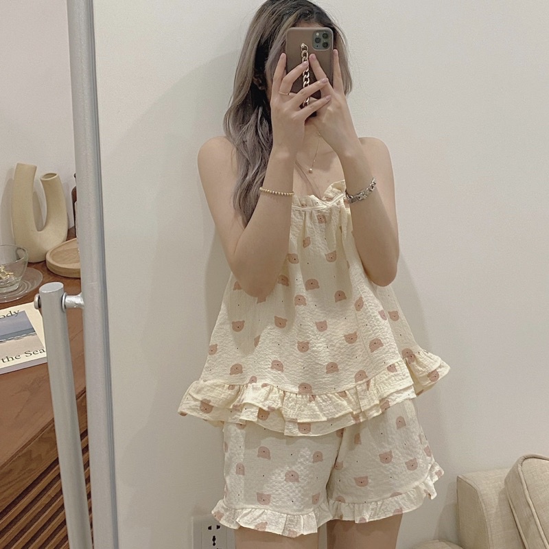 [ ẢNH THẬT + VIDEO ] Set pijama 2 dây xinh xắn thoáng mát. Bộ ngủ nữ dễ thương pyjama