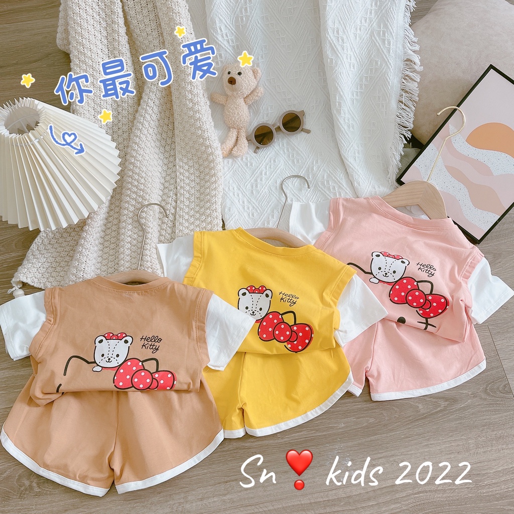 Bộ cộc tay bé gái, bộ cotton Hello kitty phối tay trắng hình in sắc nét cho bé