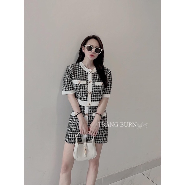 Set dạ ziczac + chân váy phối khuy nấm
