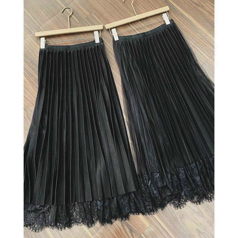 CHÂN VÁY XẾP LI ĐEN VIỀN REN❤️CHÂN VÁY XẾP LI DÀI❤️CV0180