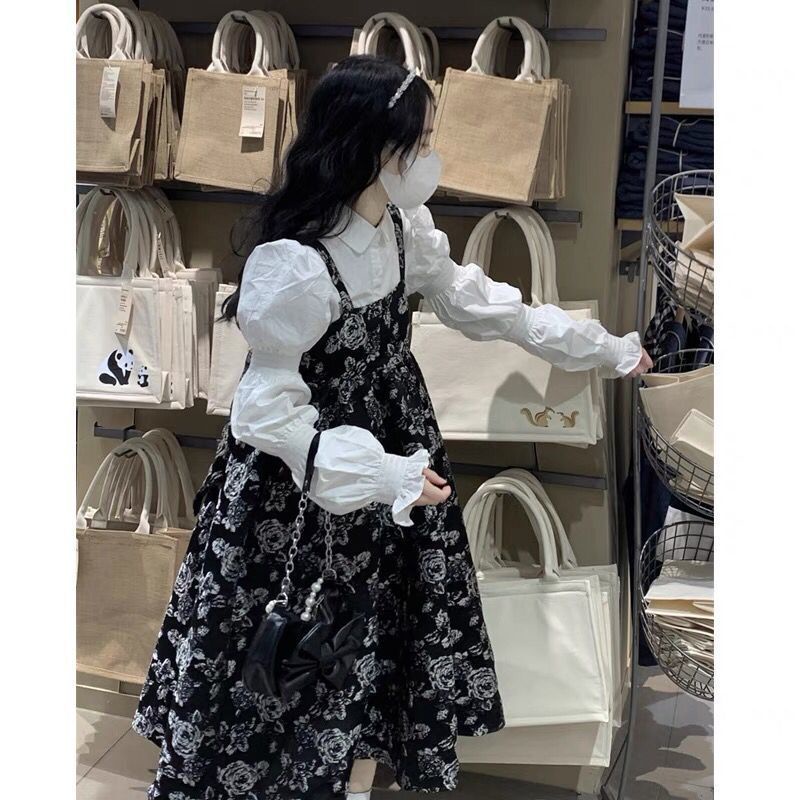 🔥 Set Áo Sơ Mi Dài Tay Và Đầm Dây Họa Tiết Hoa Vintage Dành Cho Nữ