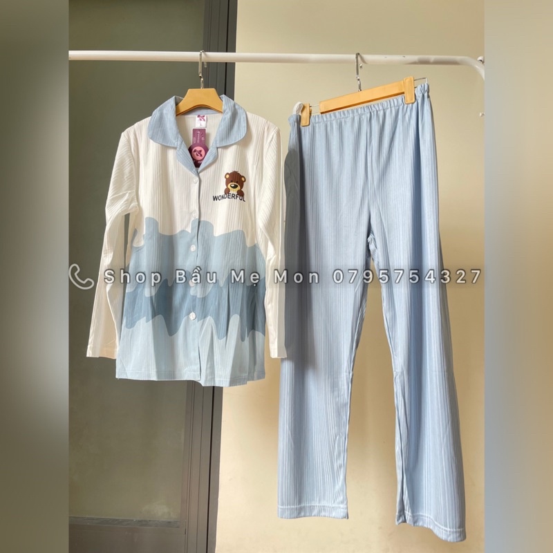 Shop Bầu Mẹ Mon - Đồ Bộ Bầu Đồ Bộ Mặc Nhà Sau Sinh Dài Tay Cho Con Bú Mẫu Pyjama Cotton Có Lỗ Thoáng Khí size đến 100kg