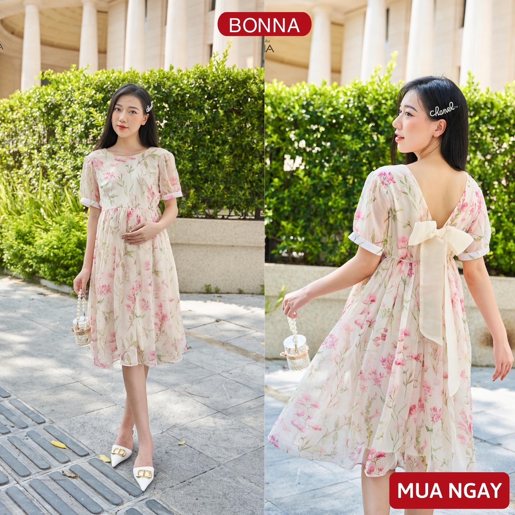 Váy bầu hoa nhí BONNA chất vải tơ cao cấp, dáng babydoll chui đầu, điểm nhấn phối nơ sau lưng có thể tháo rời VS231