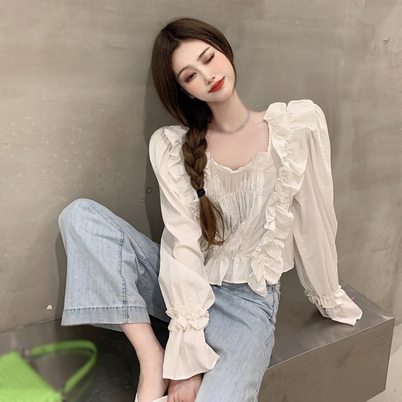 Áo Sơ Mi Chiffon Tay Dài Cổ Vuông Màu Sắc Ngọt Ngào Phong Cách Hàn Quốc Cho Nữ