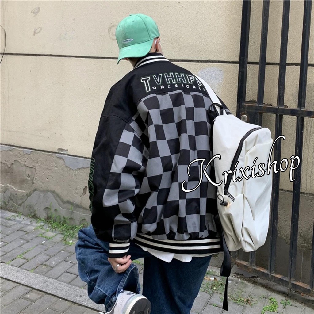 Áo khoác dù bomber unisex nam nữ  9x 10x bàn cờ vua cúc bấm rộng rãi mặc đi học đi chơi hẹn hò