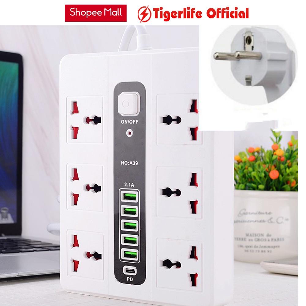 Ổ cắm điện đa năng Tigerlife GKKA39 Tích hợp 6 ổ cắm 6 cổng sạc 1 cổng sạc nhanh PD Chịu tải 2500w