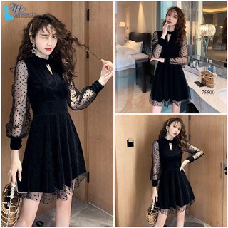 Đầm Dự Tiệc Tay Dài Cổ Giọt Nước Màu Đen thun phủ ren lưới