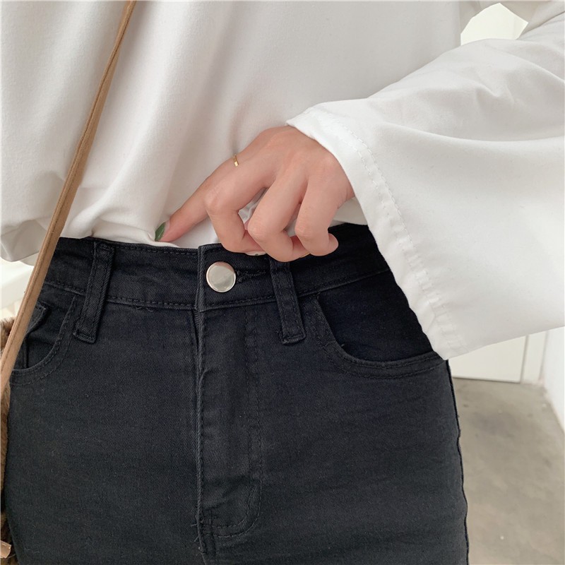 QA14_Quần jeans bó màu đen rách gối ulzzang