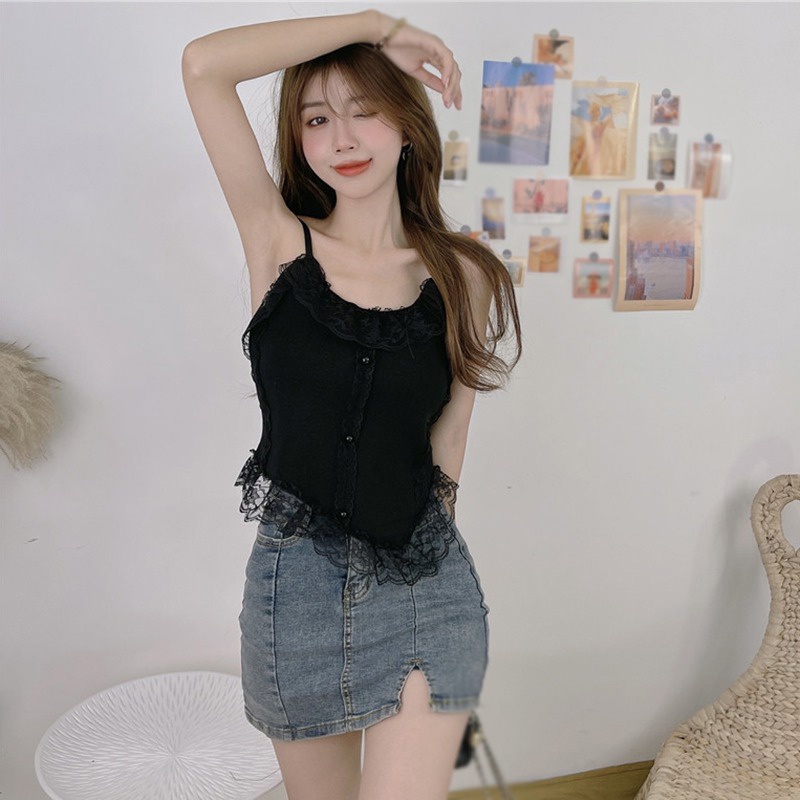 Áo Hai Dây Dệt Kim Ôm Dáng Phối Ren Thời Trang Cho Nữ