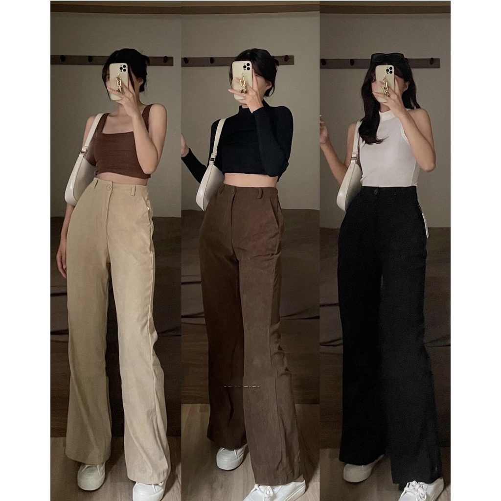 Quần Nhung Tăm Cạp Lưng Chun, Quần Ống Loe Nữ Cạp Cao Dáng DàiDaski