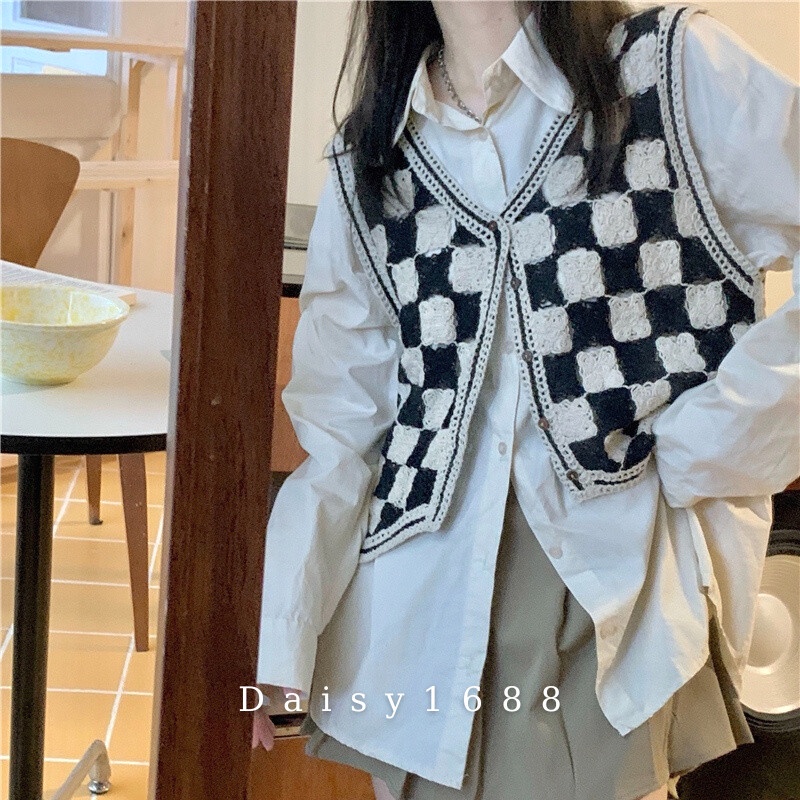 Áo Khoác Gile Không Tay Cổ V, Kẻ Caro Thời Trang Hàn Quốc Daisy1688