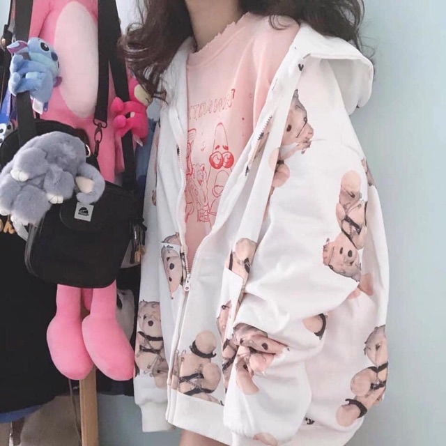 Áo Hoodie Zip Form To Tay Dài Túi Bụng Gấu Teddy