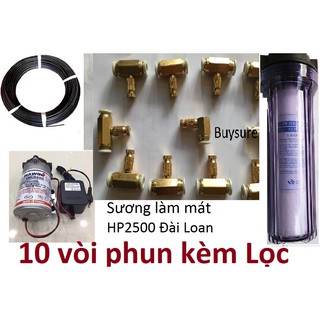 Bộ Máy Phun Sương ĐL+25m dây+10 vòi phun bằng đồng+Lọc Nước+adapter 24v+ Ren nối 17/8