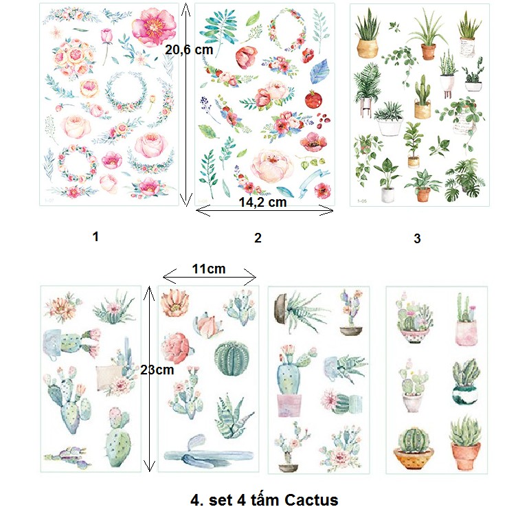 Taeyang369hz Sticker Flower, Cactus, Xương Rồng, Sen Đá Trang Trí Sổ Lưu Niệm Planner, Bujo, Scrapbook, Bullet journal