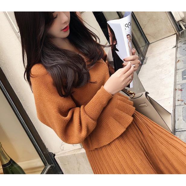 🎀Sét áo váy len dập li nhún bèo Quảng Châu QC70