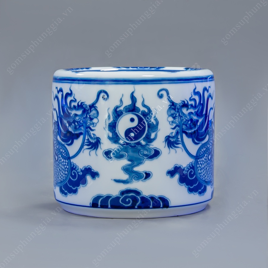Bát hương men Lam Trắng Trơn họa tiết Rồng chầu thái cực, đồ thờ cúng Phùng Gia - Gốm sứ Bát Tràng cao cấp