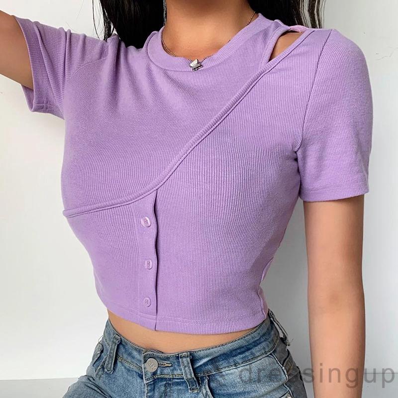 D❃♪Áo ngắn thời trang sọc rốn màu tím dành cho nữ (S / M / L)