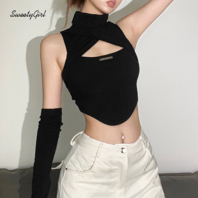 Áo Tank Top Cổ Cao Màu Đen Trơn Thời Trang 2022 Quyến Rũ Cho Nữ