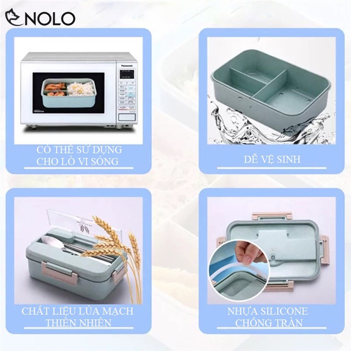 Hộp Cơm Giữ Nhiệt Bento Dung Tích 1000ml 3 Ngăn Kèm Đũa Muỗng Chất Liệu Nhựa PP Lúa Mạch Có Thể Cho Dùng Lò Sóng