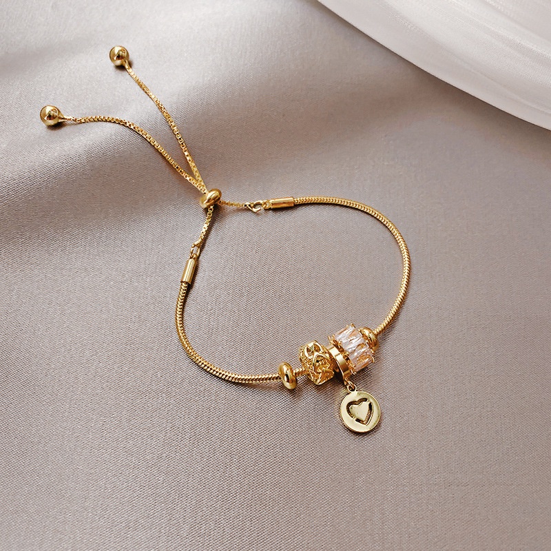 Lắc tay hạt Charm Vòng tay có mặt trái tim đính đá zircon, dây rút điều chỉnh kích thước linh hoạt Lemi Accessories