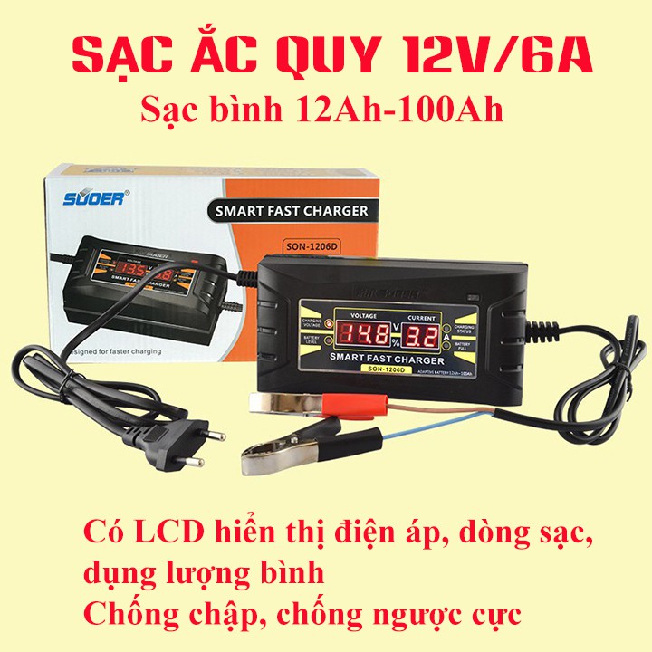 Máy sạc bình acquy 12V 6A SON-1206D sạc bình ắc quy 12Ah-100Ah tự ngắt khi đầy chống ngược cực chống chập