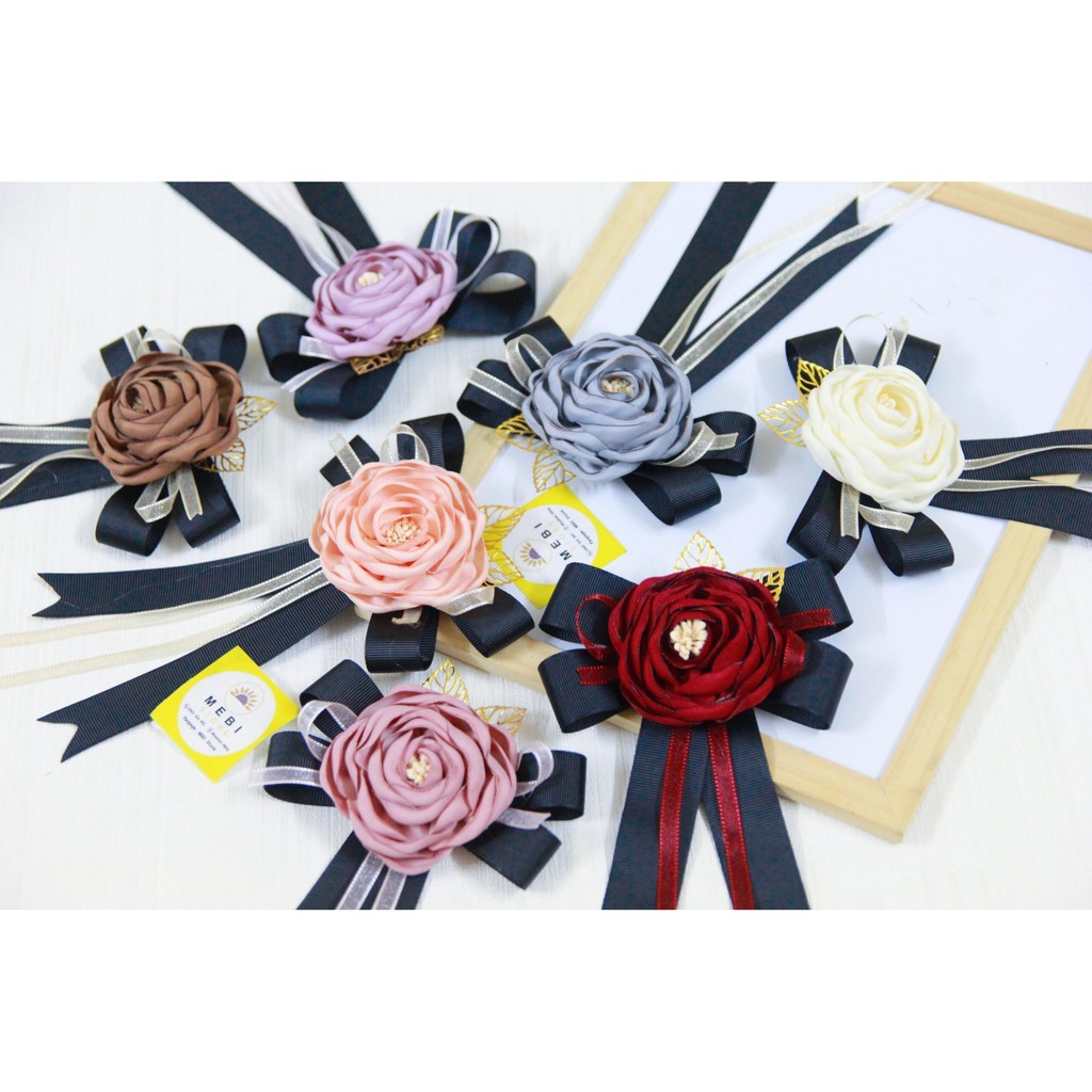Tag cài áo handmade đính hoa phối ruy băng siêu xinh - Ảnh thật