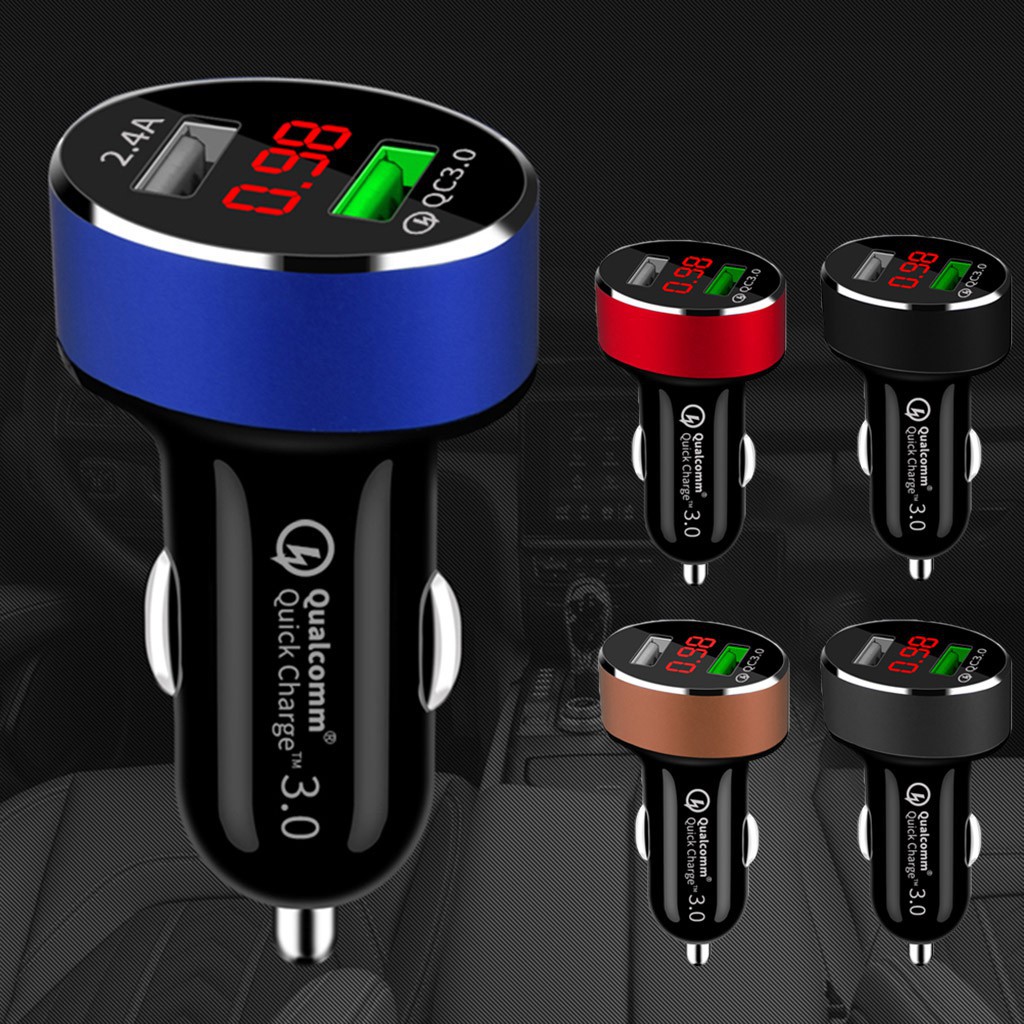 Tẩu sạc 2 cổng USB QC3.0 tích hợp đèn LED và màn hình hiển thị cho máy tính bảng PC điện thoại