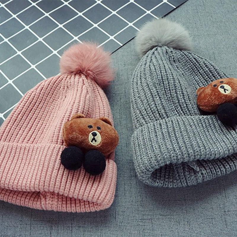 Mũ len giữ ấm đính hình gấu kiểu Hàn Quốc thời trang cho bé trai + gái