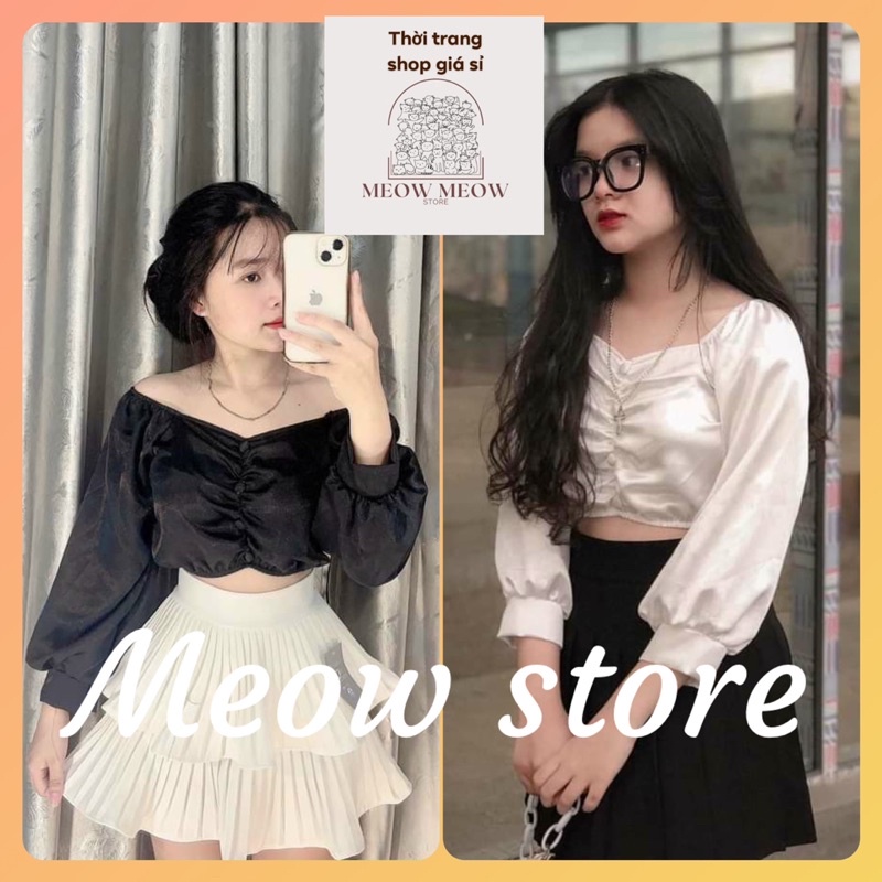 Áo trễ vai croptop tay bồng trễ vai phi lụa tiểu thư