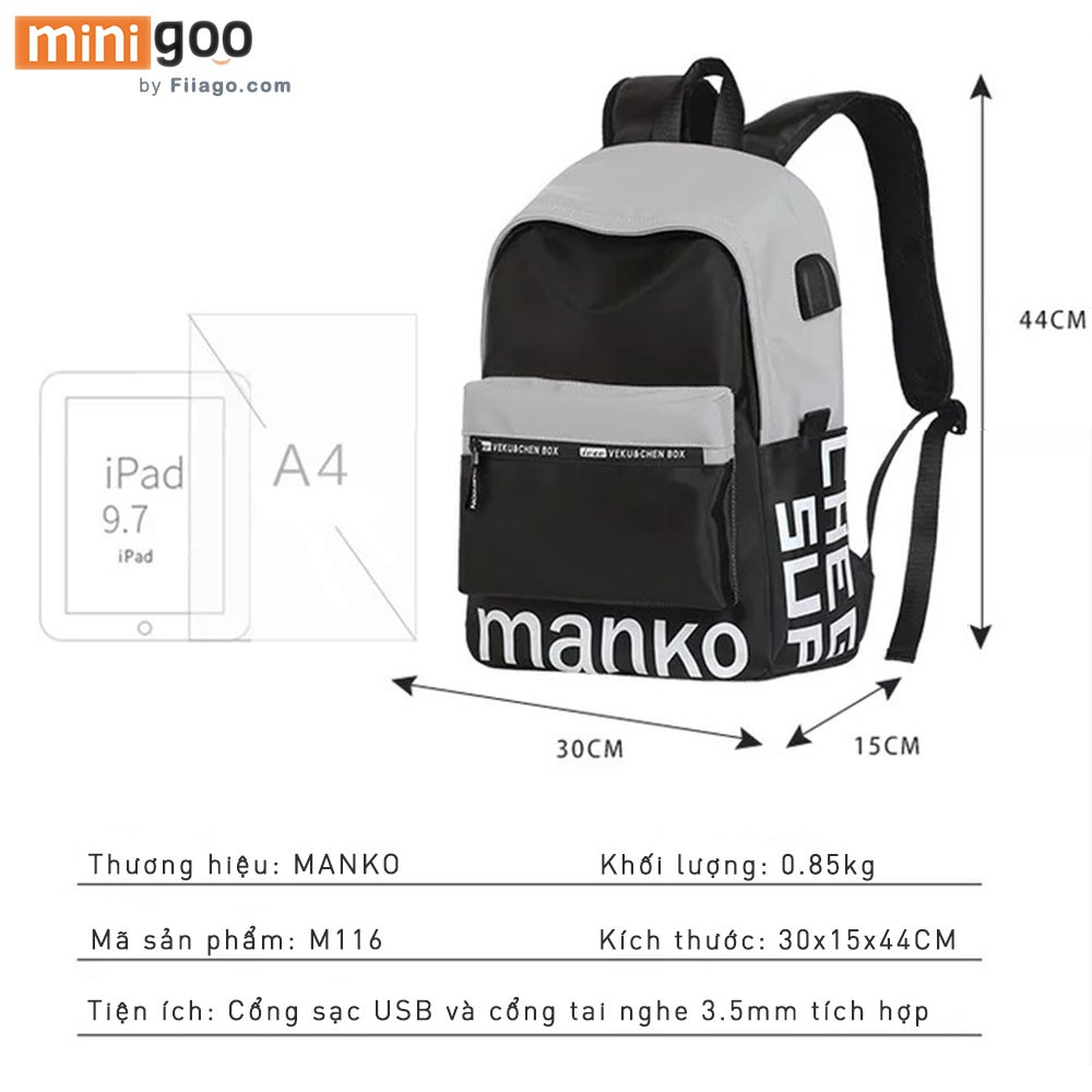 Balo Cao Cấp MANKO M116 Vải Phủ PU Chống Nước Cổng Sạc Nhanh Thời Trang Mới 2021