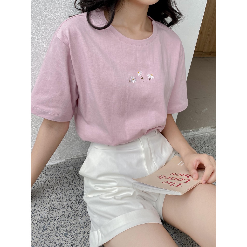 Áo thun thêu nữ tay ngắn, áo phông thêu pull Cotton Freesize form suông rộng MADELEN