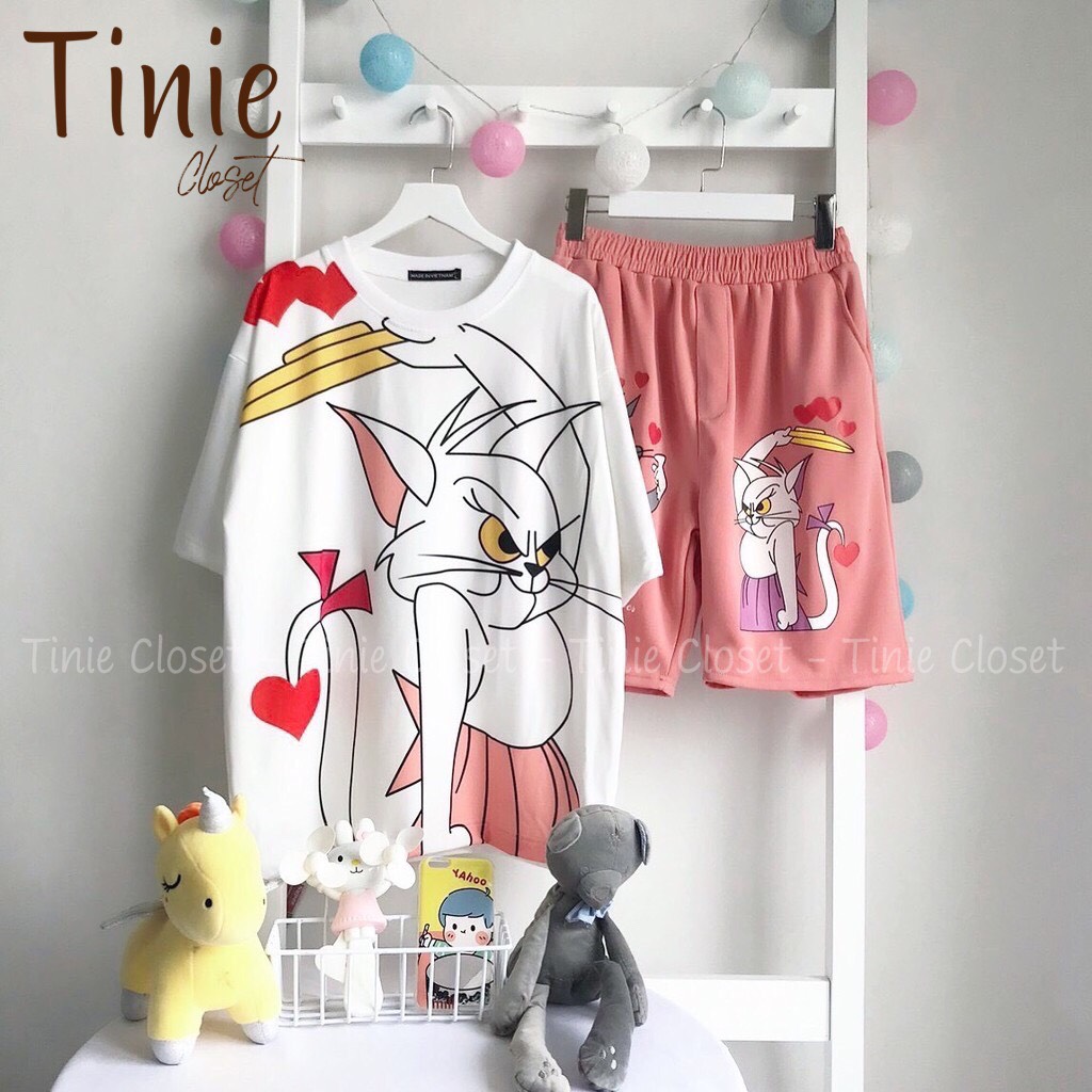 Set đồ bộ hoạt hình nam nữ form rộng Unisex Tom Couple Tinie Closet, Áo thun+Quần đùi Freesize