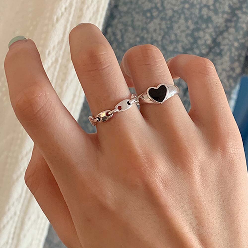 Set 2 nhẫn hở màu bạc/đen hình trái tim phong cách Punk đơn giản thời trang cho nữ