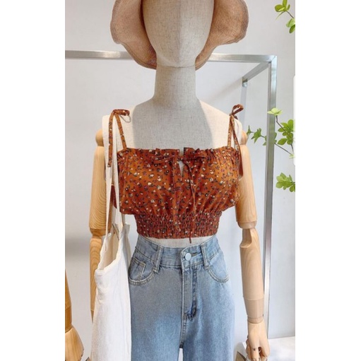 Áo dây nữ croptop áo ống bo lưng cột nơ Vintage