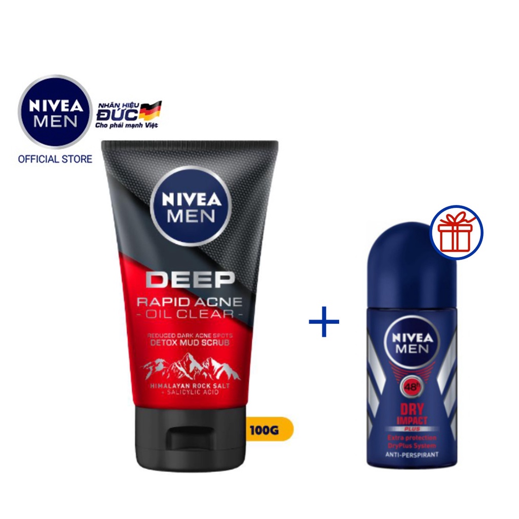 Sữa rửa mặt NIVEA MEN DEEP muối Himalaya ngừa mụn 100G tặng lăn khử mùi NIVEA MEN khô thoáng 25ML (88521 + 81617)