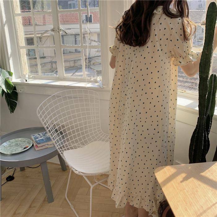 Đầm ngủ in hình trái tim màu xanh dương phong cách Hàn Quốc dành cho nữ