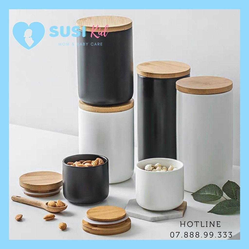 [Hàng Order Nội Địa Có Sẵn] Hũ Đựng Gia Vị Cao Cấp, Hũ Đựng Gia Vị Bằng Gốm Sứ Thủ Công, Nắp Gỗ Hút 
