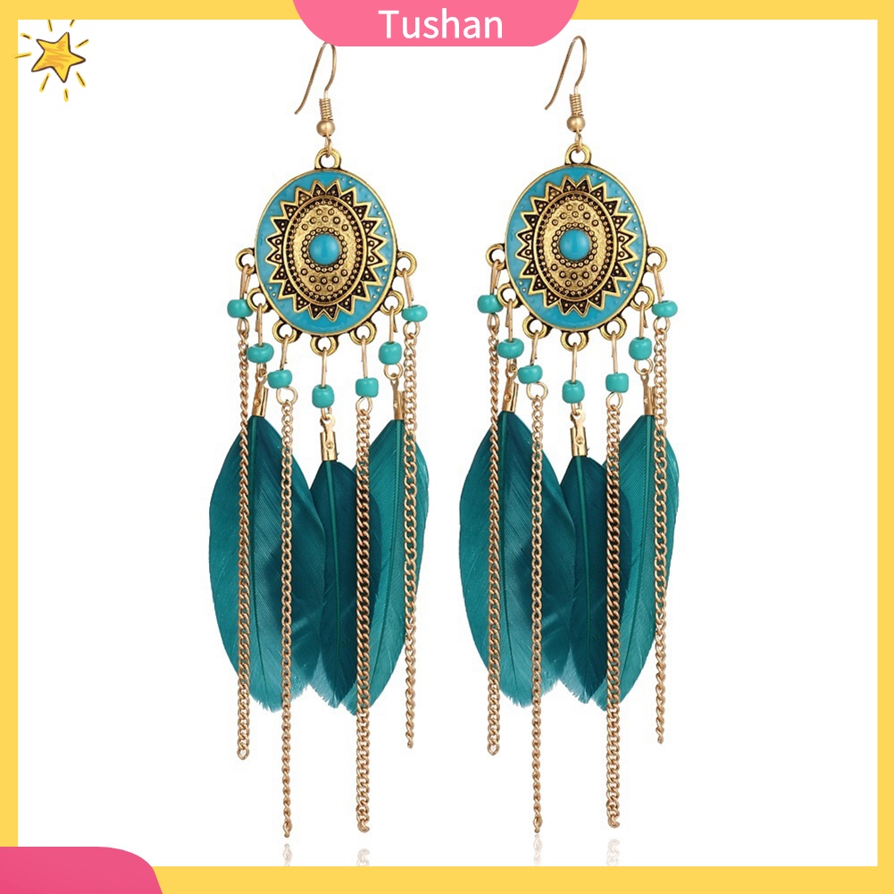 Đôi Bông Tai Dáng Dài Phối Lông Vũ Phong Cách Vintage Cho Nữ