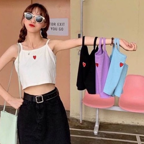 Áo 2 dây croptop thêu trái  tim xinh xắn 🥰❤️