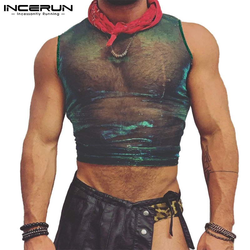 Áo croptop INCERUN sát nách thiết kế xuyên thấu thời trang mùa hè quyến rũ cho nam