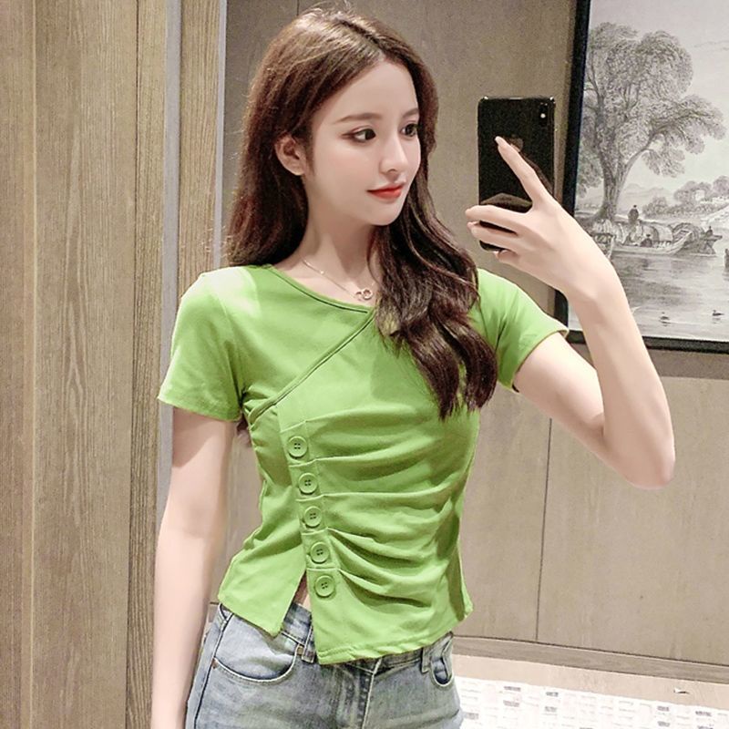 Áo Thun Ngắn Tay Ôm Dáng Xẻ Tà Thời Trang Dành Cho Nữ