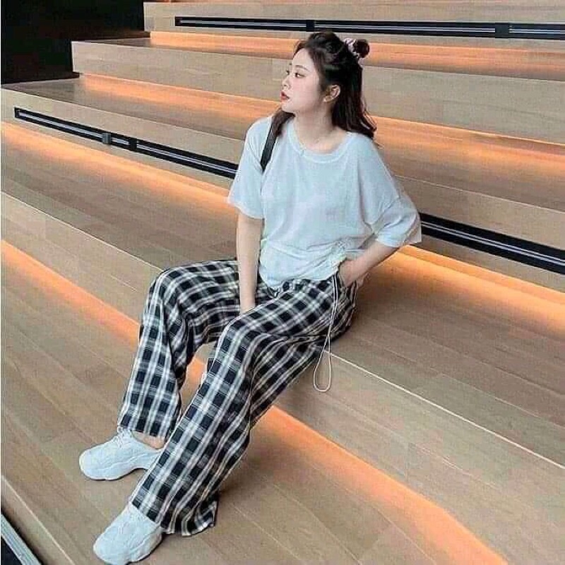 Quần Kẻ Nữ Ống Rộng RUMINE Cạp Chun Caro Lưng Cao Dáng Rộng Ống Suông Ulzzang Full Màu Hot QK01