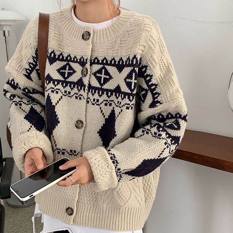 Áo len Cardigan nữ họa tiết phối màu nâu đen phong cách thời trang cá tính dành cho nữ | BigBuy360 - bigbuy360.vn