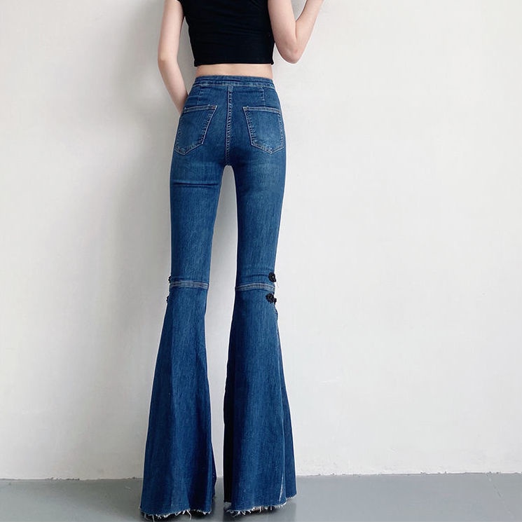 Jiashucheng Quần Dài Denim Ống Loe Xẻ Tà Phiên Bản Mới Hàn Quốc