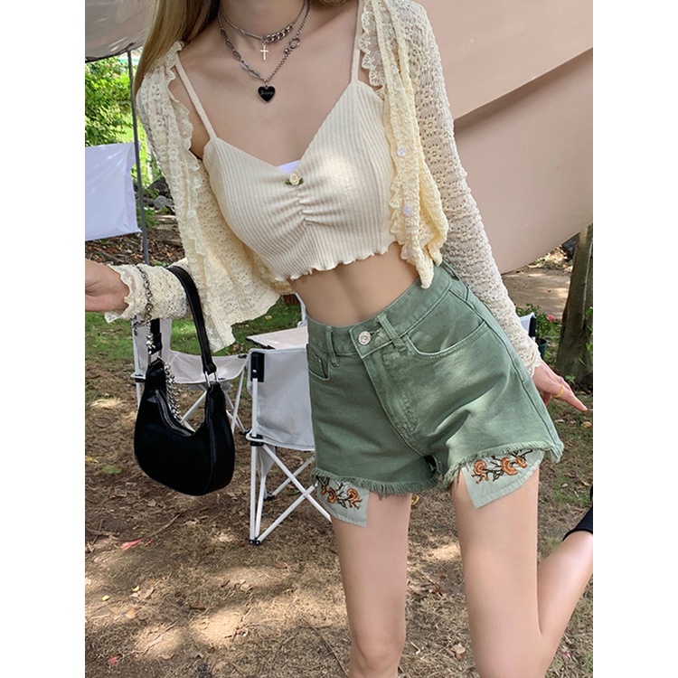 Quần short denim ống rộng họa tiết thêu thiết kế retro cá tính mùa hè 2022 cho nữ